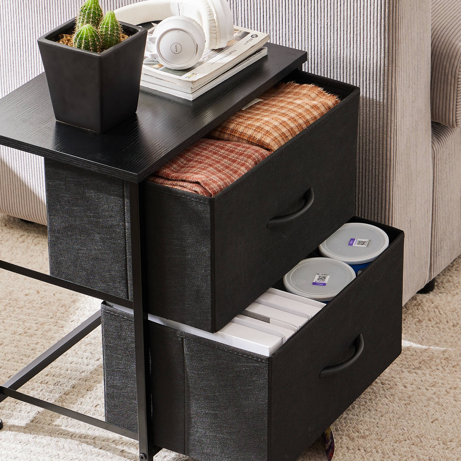 Compact 5-Drawer Fabric Dresser with Wood Top, Strong Metal Frame