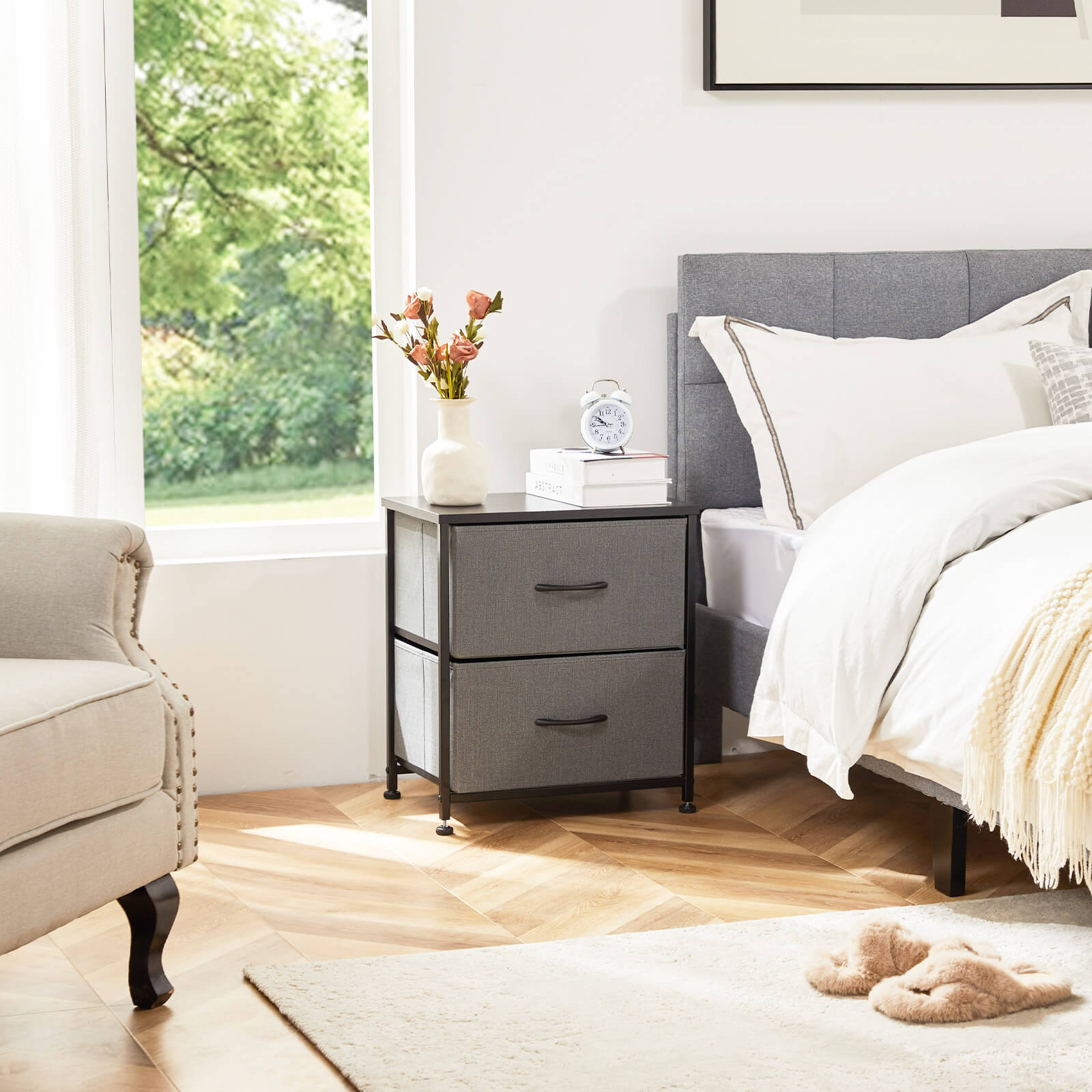 Compact 5-Drawer Fabric Dresser with Wood Top, Strong Metal Frame