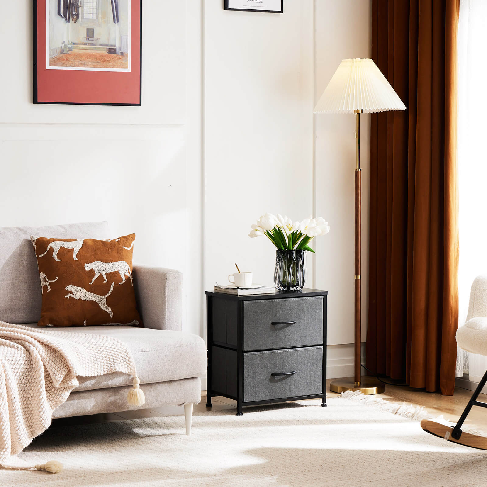 Compact 5-Drawer Fabric Dresser with Wood Top, Strong Metal Frame