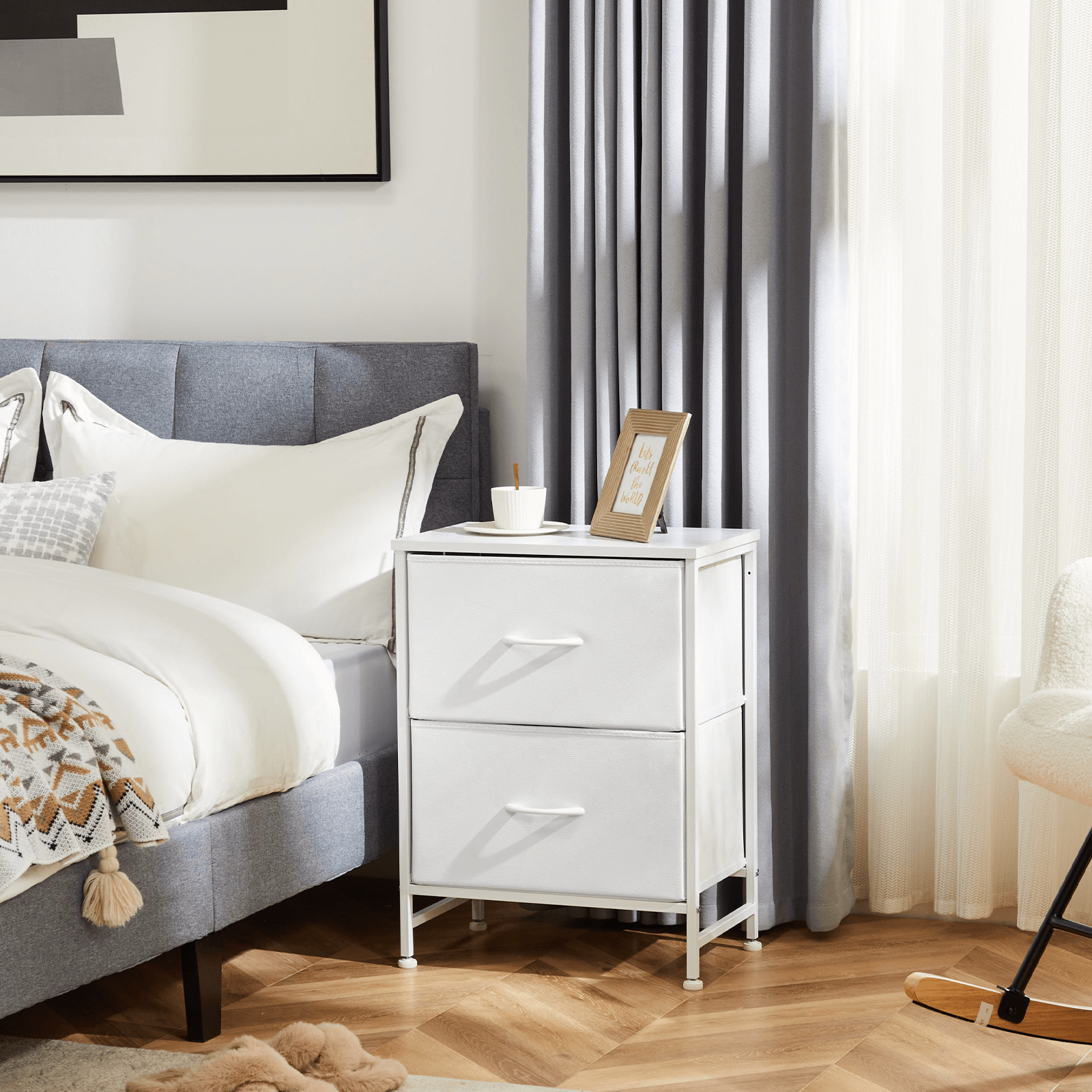Compact 5-Drawer Fabric Dresser with Wood Top, Strong Metal Frame