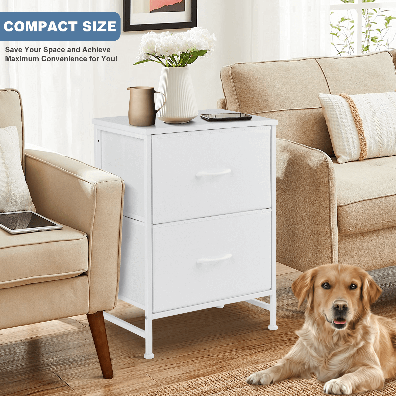 Compact 5-Drawer Fabric Dresser with Wood Top, Strong Metal Frame