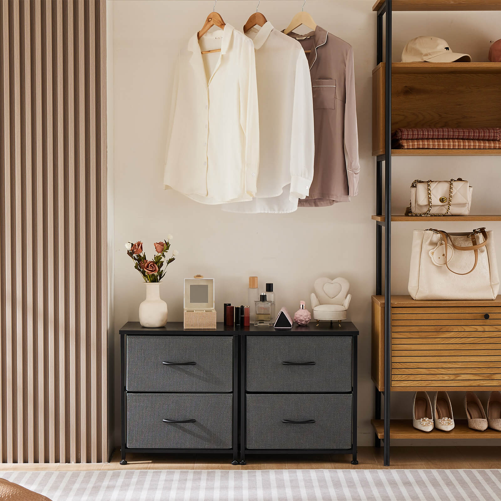 Compact 5-Drawer Fabric Dresser with Wood Top, Strong Metal Frame