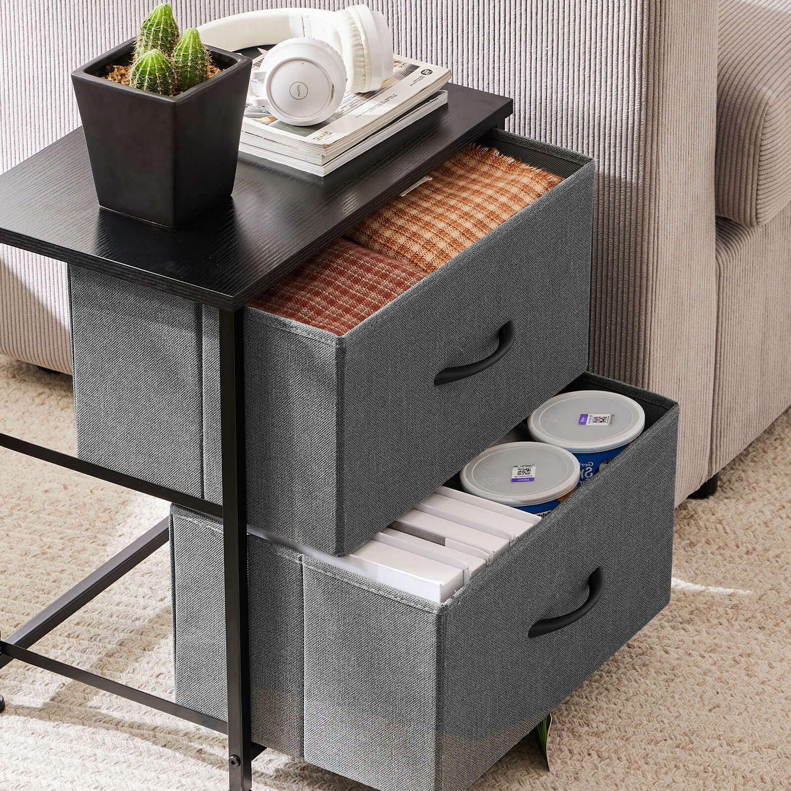 Compact 5-Drawer Fabric Dresser with Wood Top, Strong Metal Frame