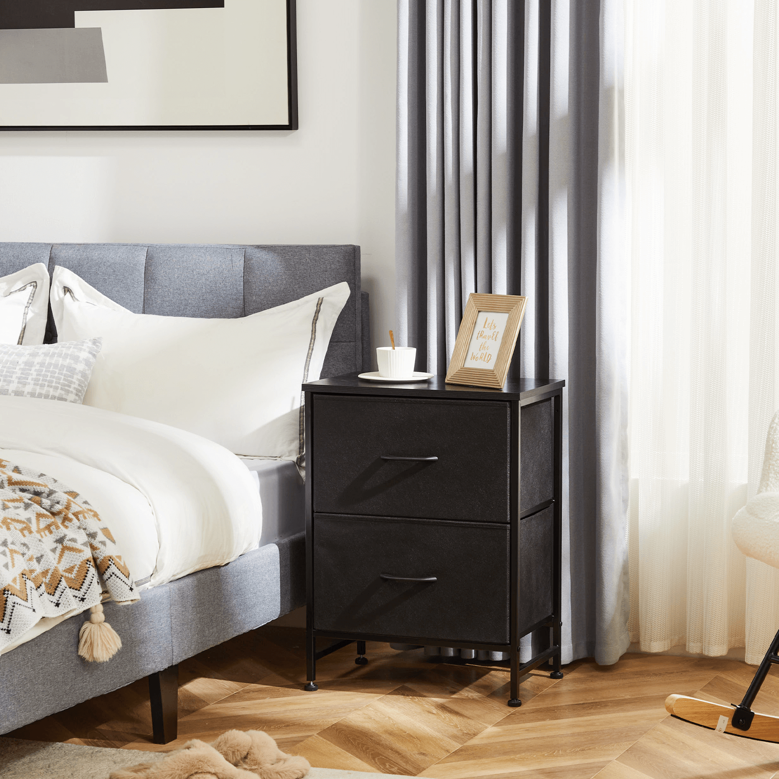 Compact 5-Drawer Fabric Dresser with Wood Top, Strong Metal Frame