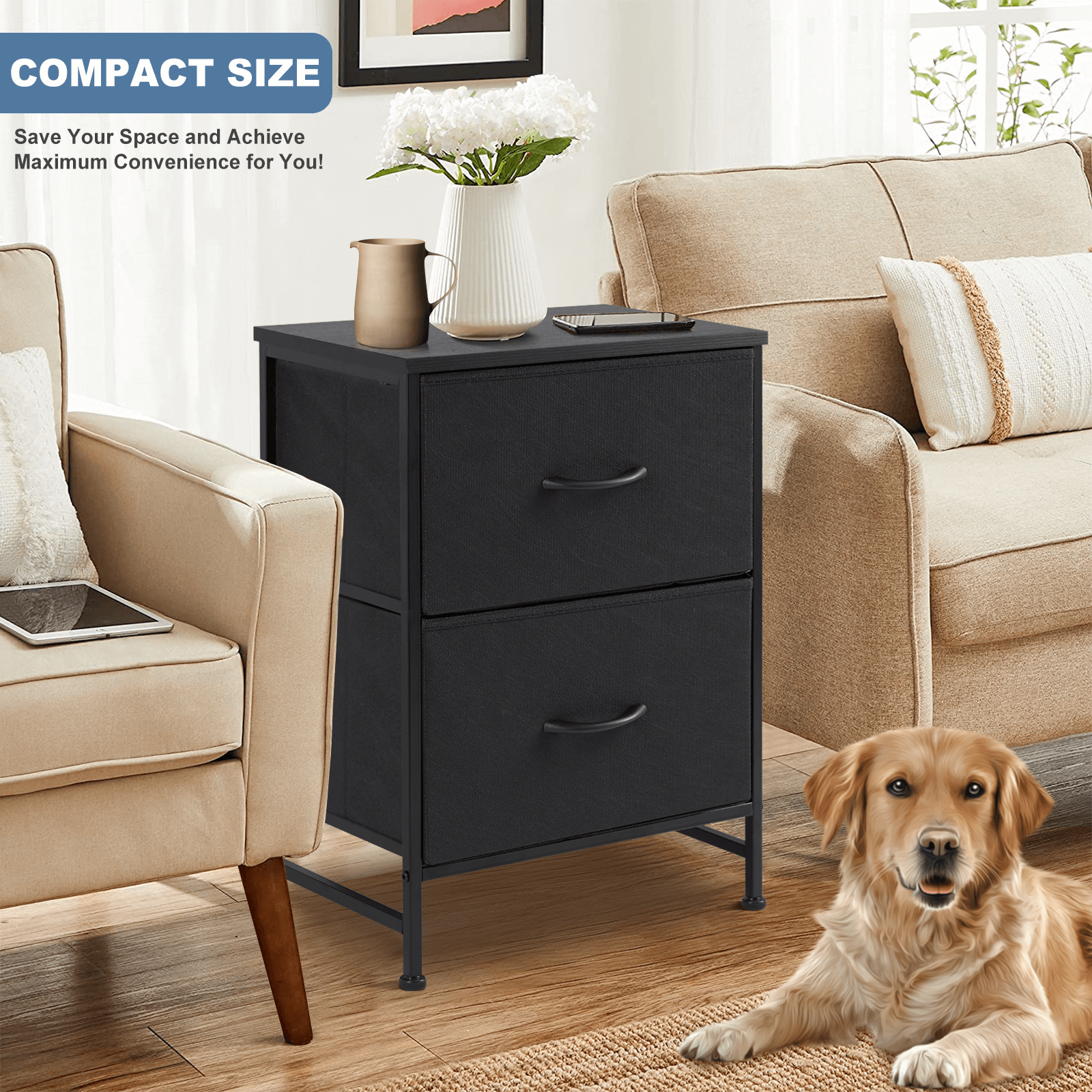 Compact 5-Drawer Fabric Dresser with Wood Top, Strong Metal Frame