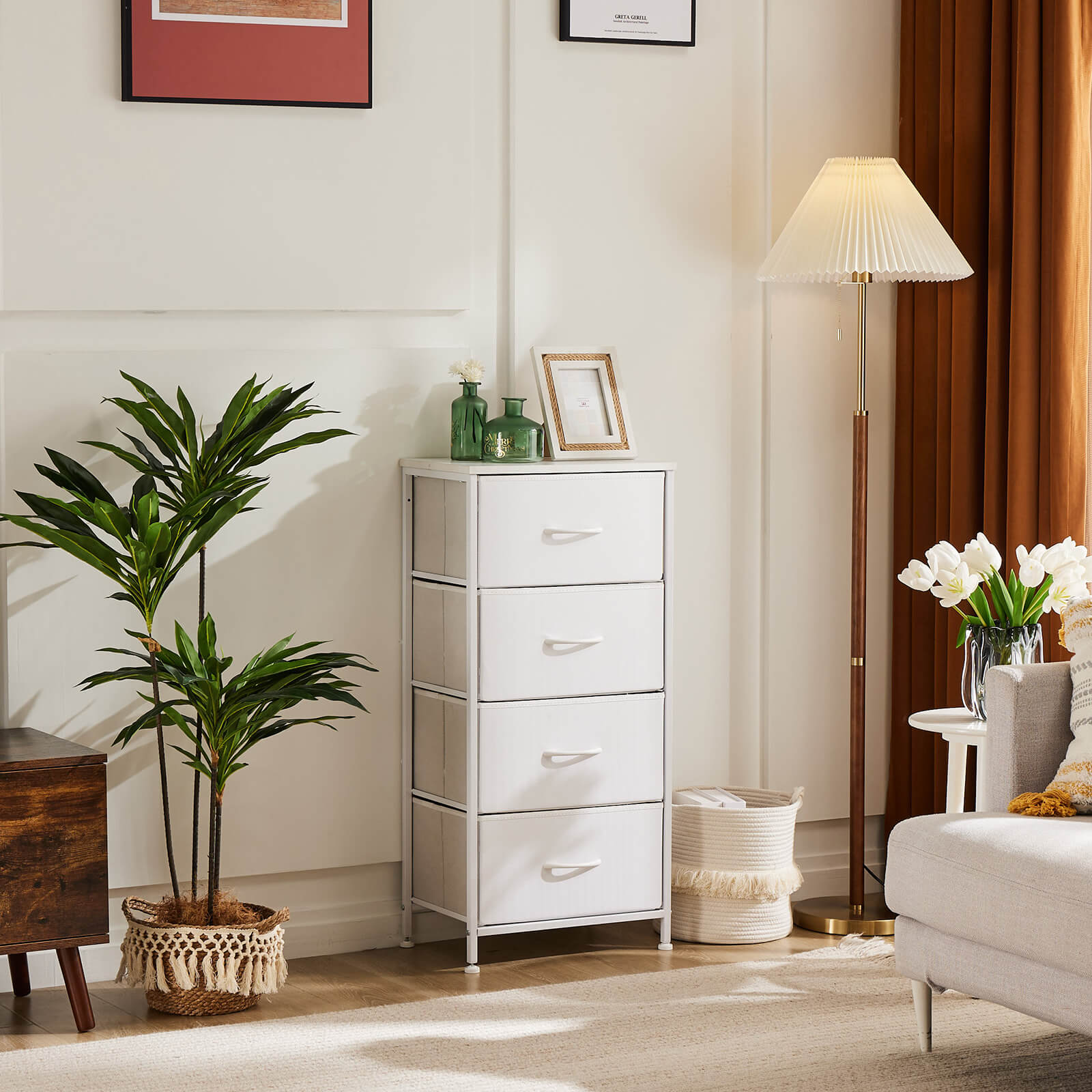 Compact 5-Drawer Fabric Dresser with Wood Top, Strong Metal Frame