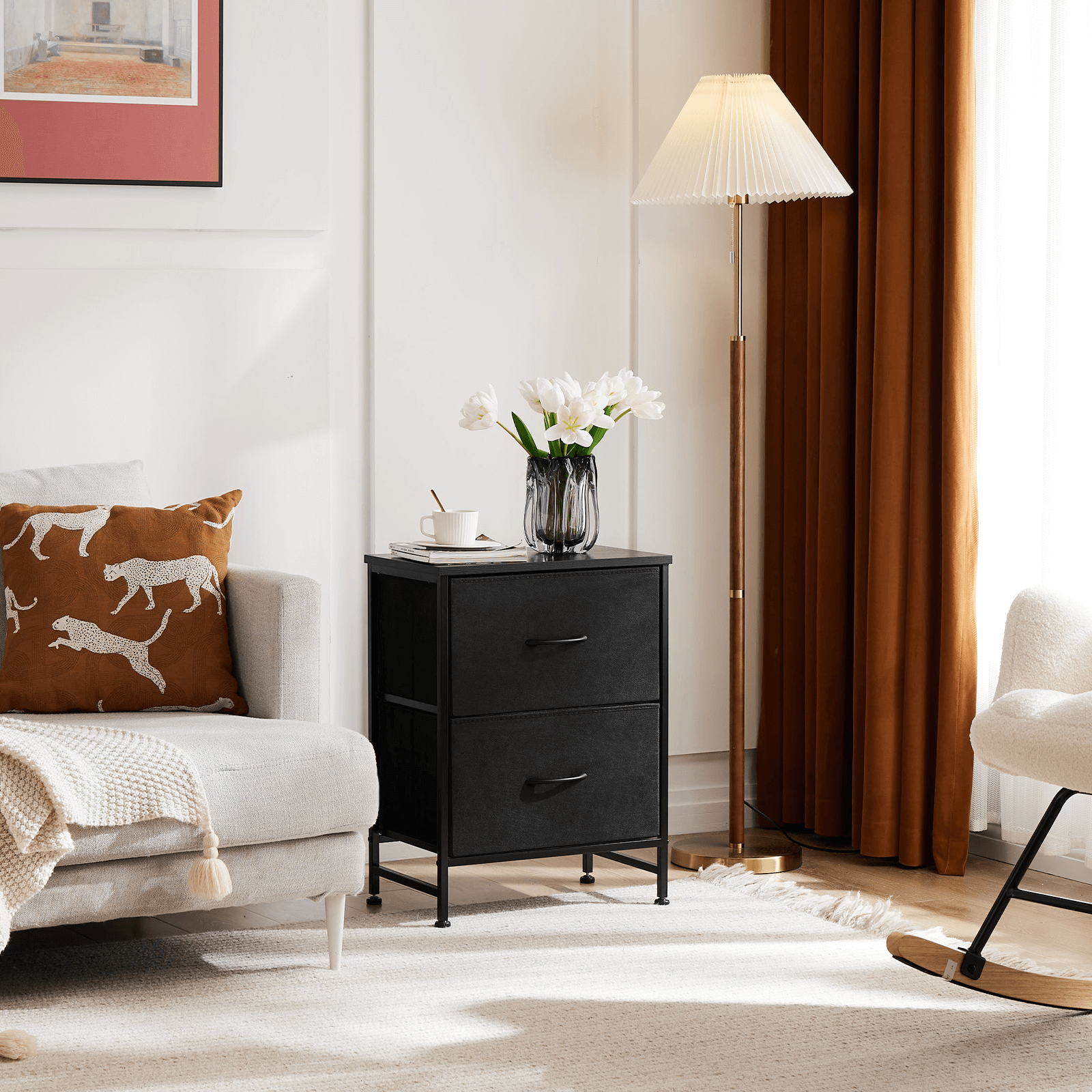 Compact 5-Drawer Fabric Dresser with Wood Top, Strong Metal Frame
