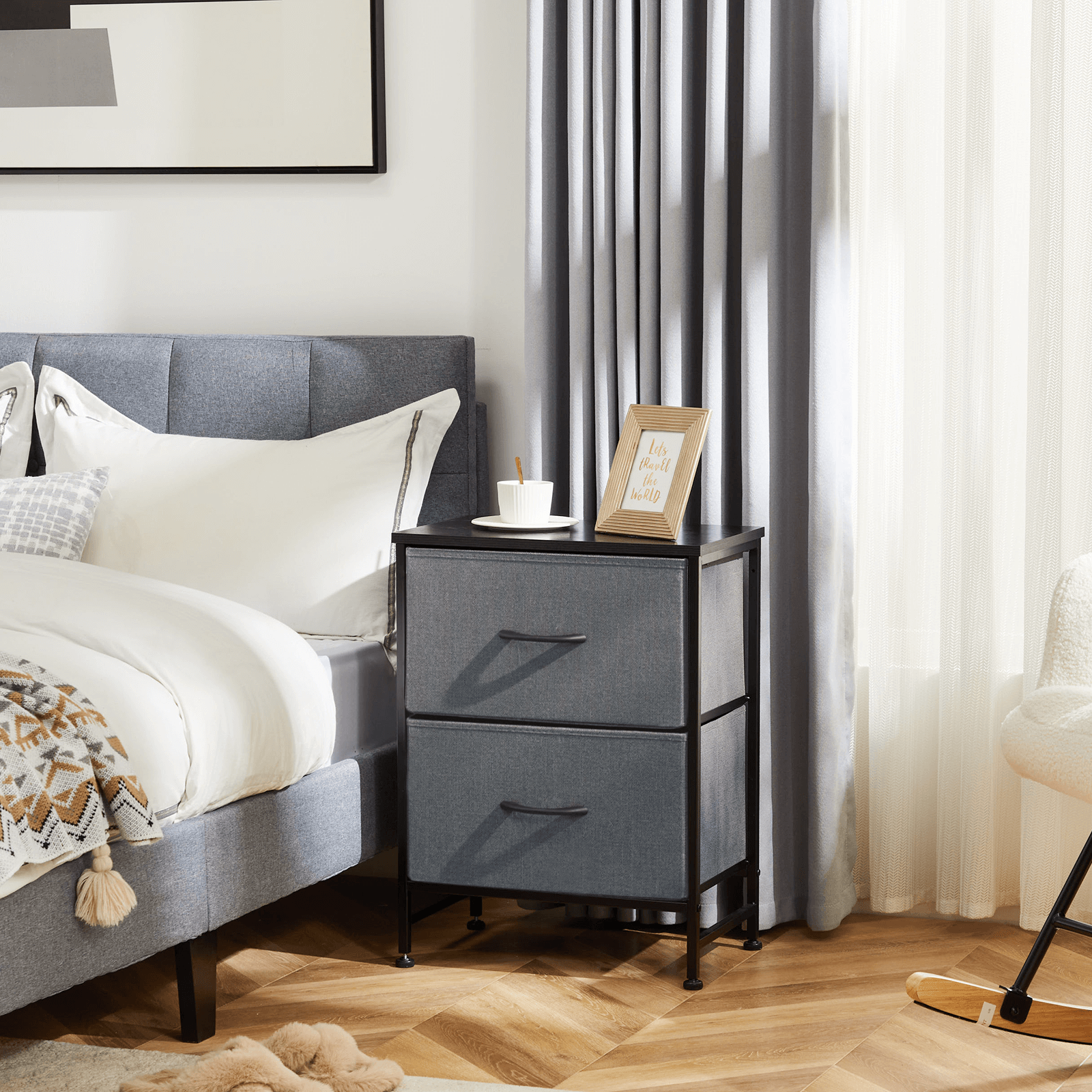 Compact 5-Drawer Fabric Dresser with Wood Top, Strong Metal Frame