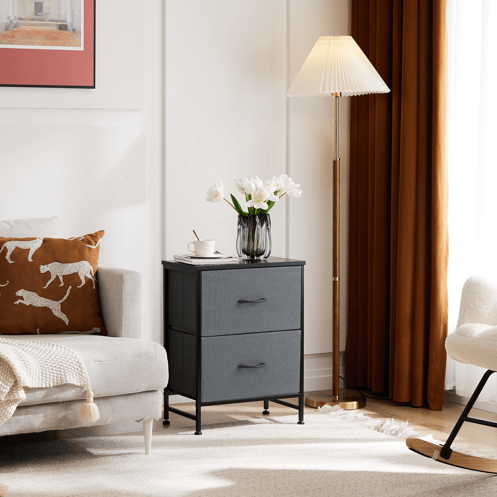 Compact 5-Drawer Fabric Dresser with Wood Top, Strong Metal Frame