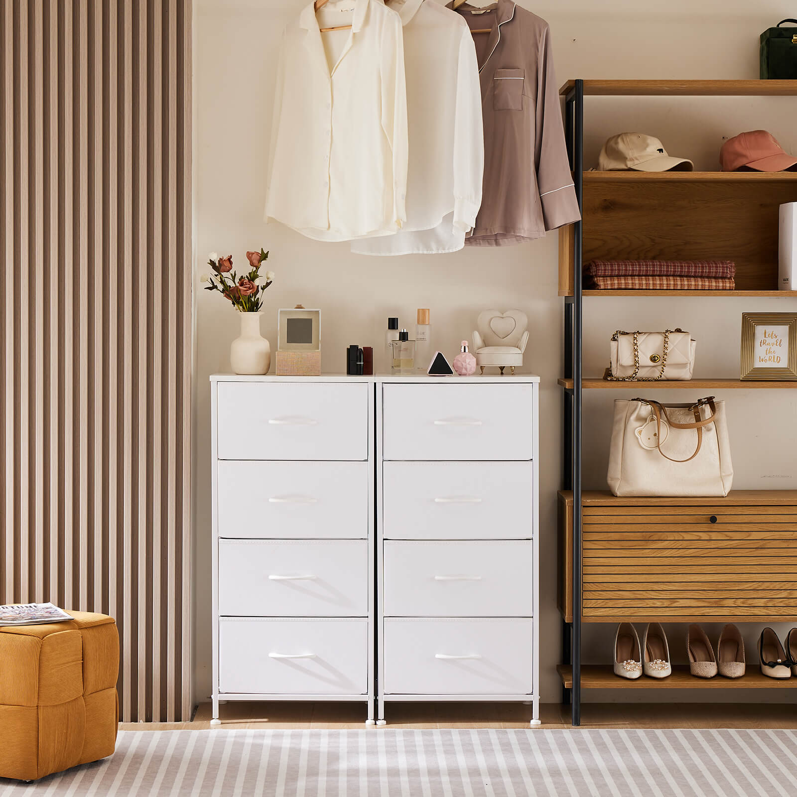 Compact 5-Drawer Fabric Dresser with Wood Top, Strong Metal Frame