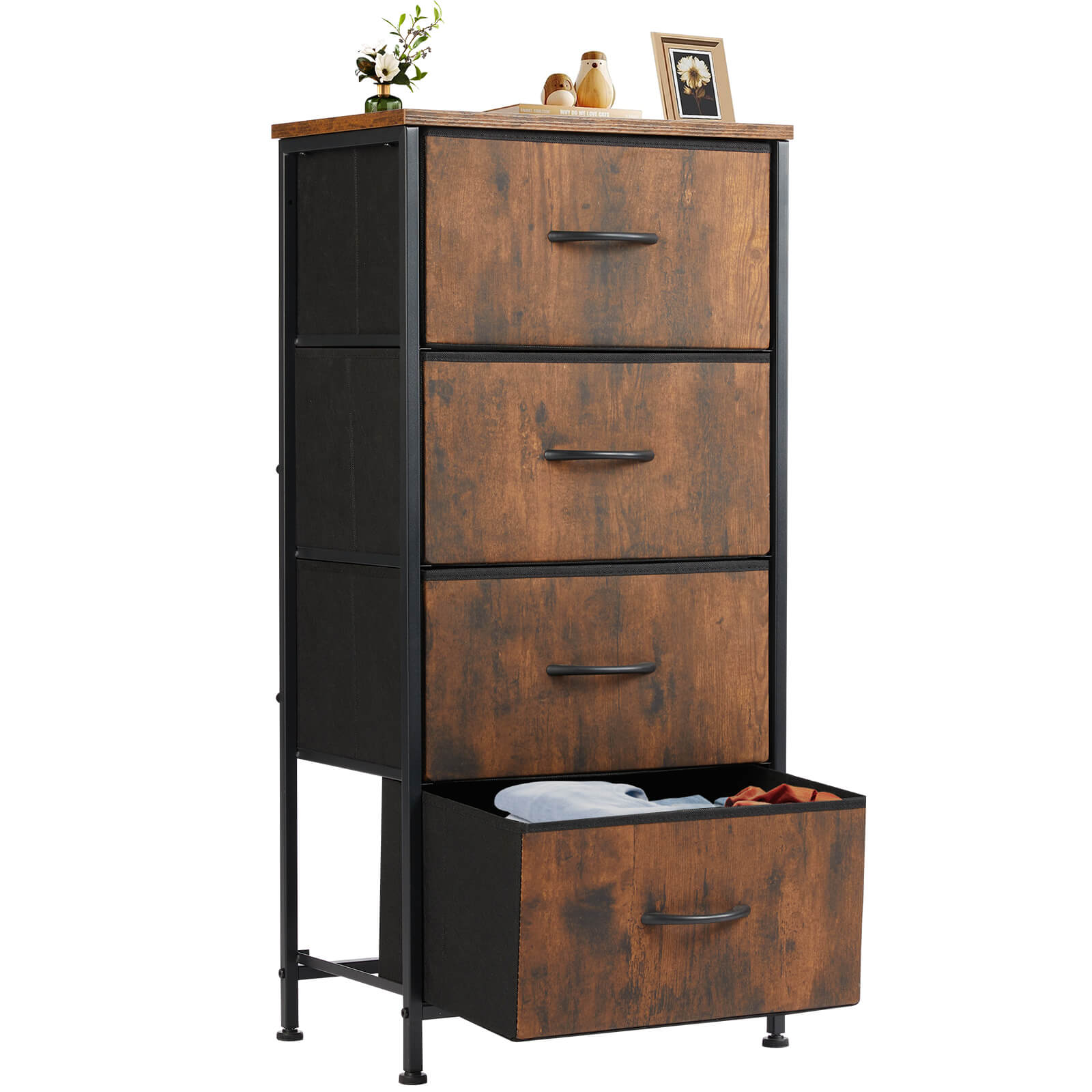 Compact 5-Drawer Fabric Dresser with Wood Top, Strong Metal Frame