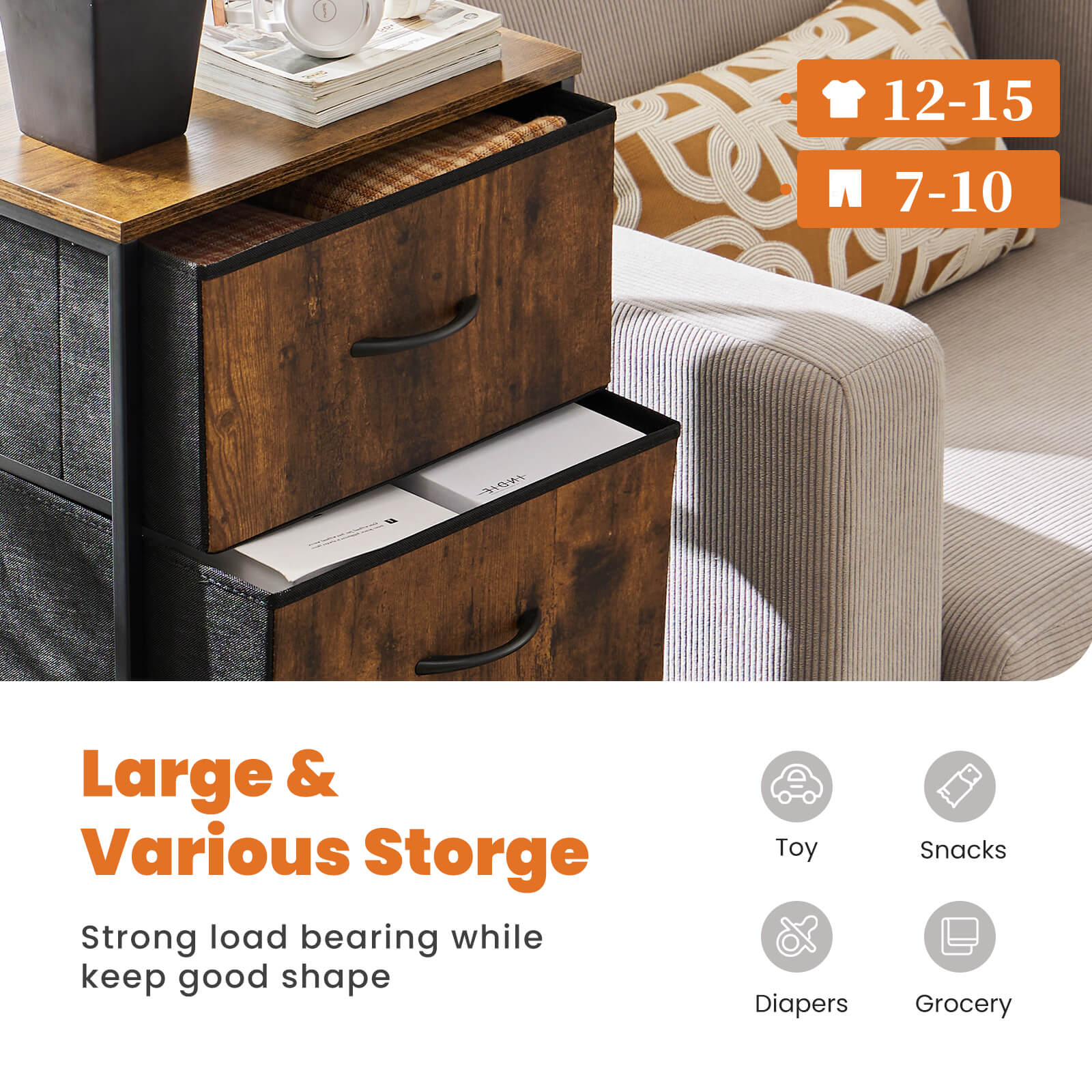 Compact 5-Drawer Fabric Dresser with Wood Top, Strong Metal Frame