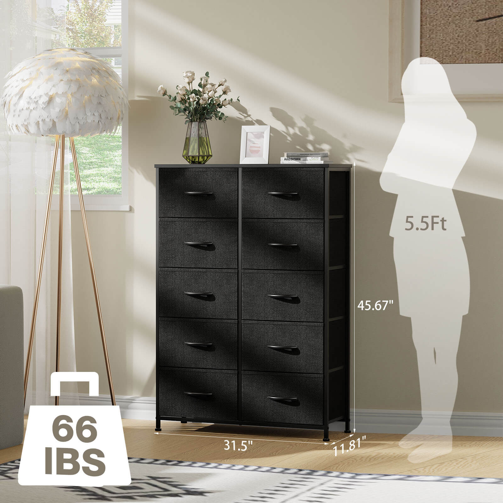 Tall Fabric Dresser with 10 Drawers, Steel Frame, Versatile Bedroom Storage Organizer