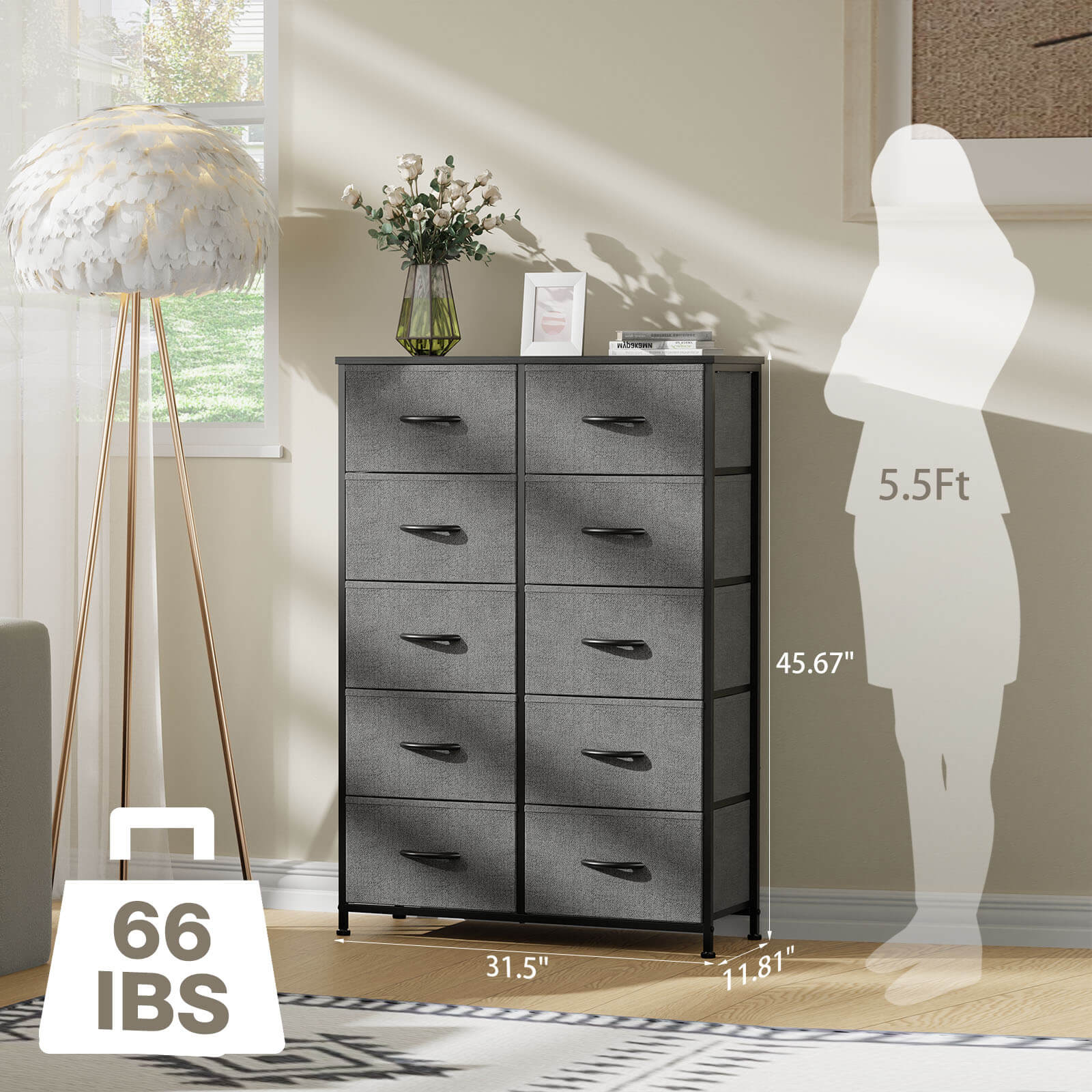 Tall Fabric Dresser with 10 Drawers, Steel Frame, Versatile Bedroom Storage Organizer