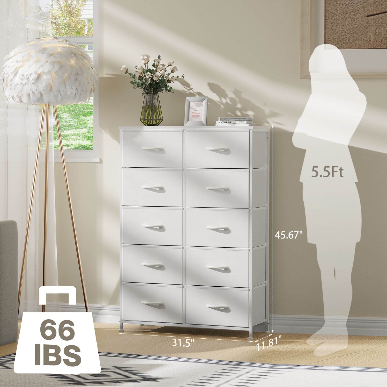 Tall Fabric Dresser with 10 Drawers, Steel Frame, Versatile Bedroom Storage Organizer