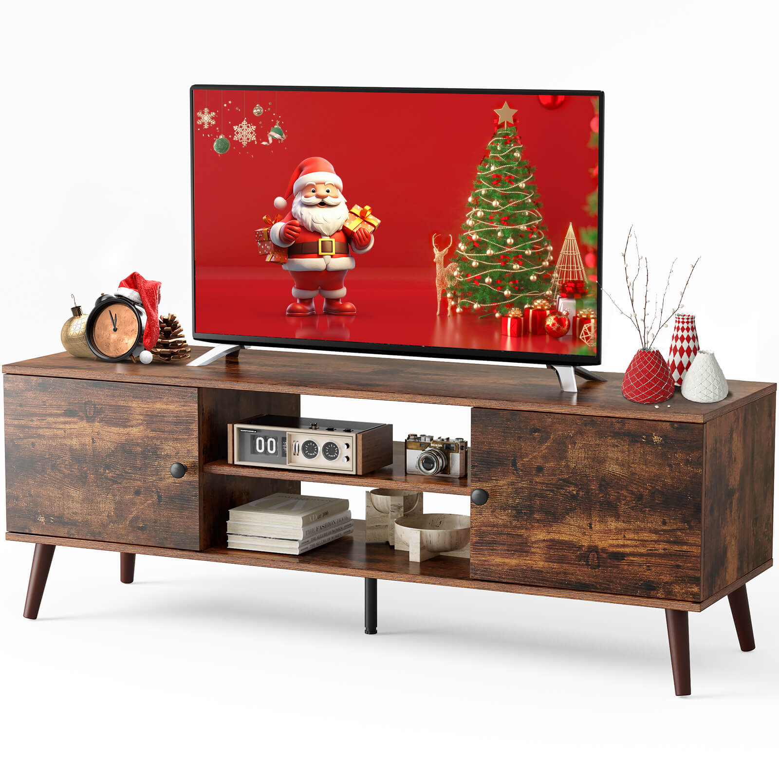 Modern Wooden TV Stand, 60-inch, Adjustable Shelves, Double Storage Cabinets