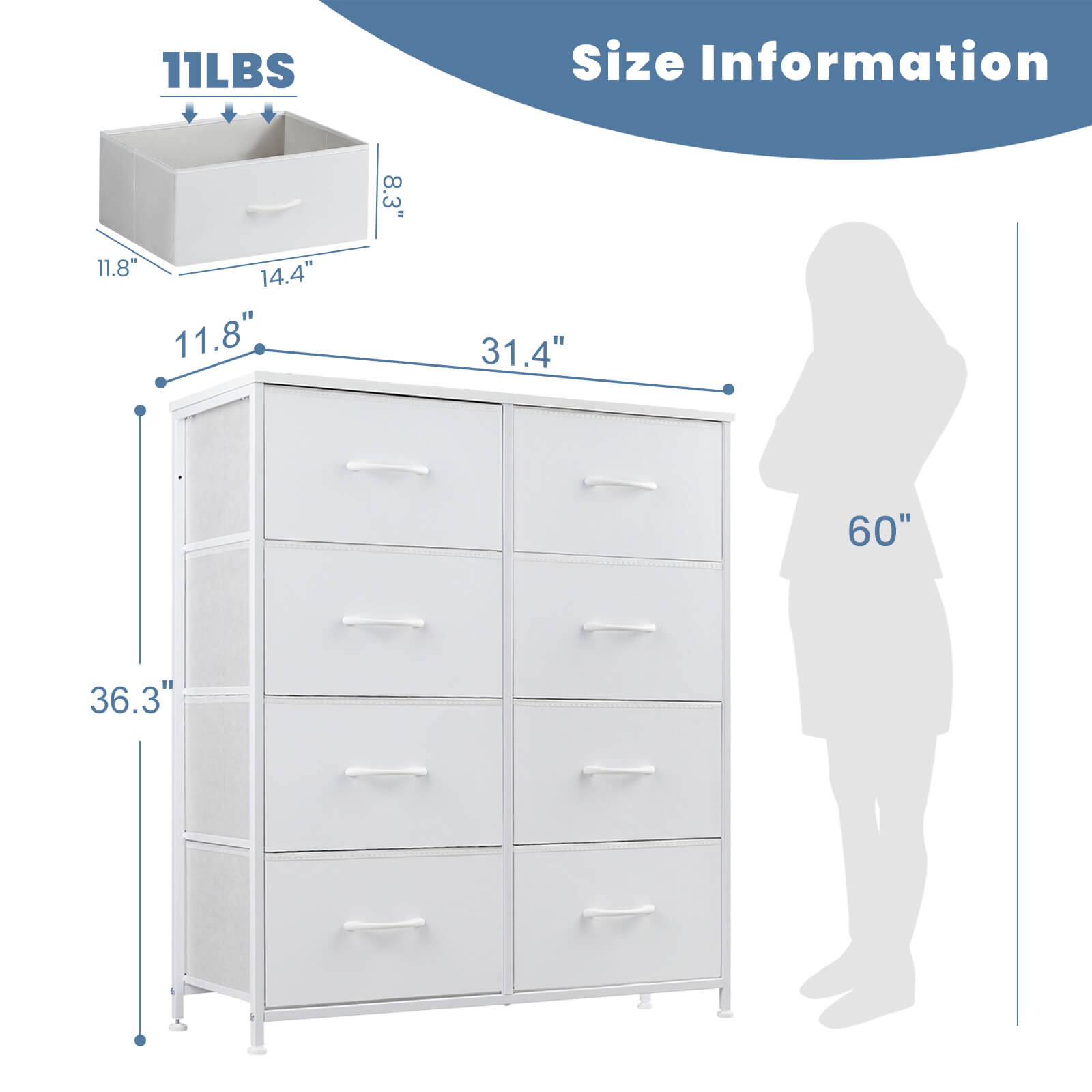 Tall 8-Drawer Fabric Storage Dresser Tower, Modern Bedroom Closet Organizer