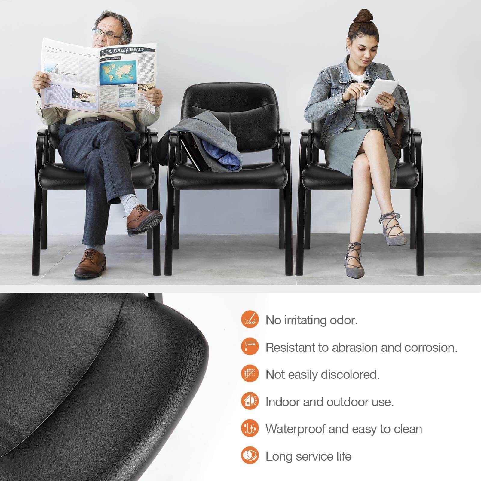Elegant Leather Office Guest Chair, Padded Armrests, Stable Metal Base, Reception Seating