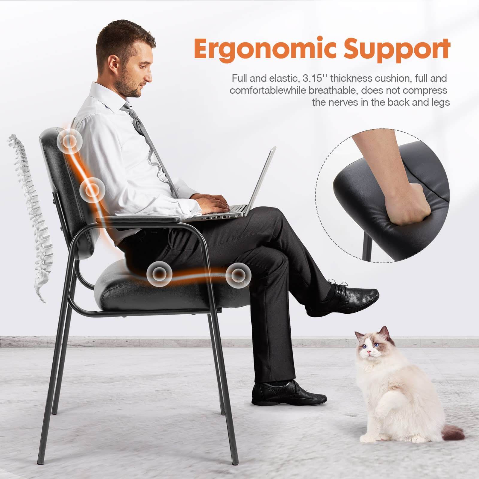 Elegant Leather Office Guest Chair, Padded Armrests, Stable Metal Base, Reception Seating
