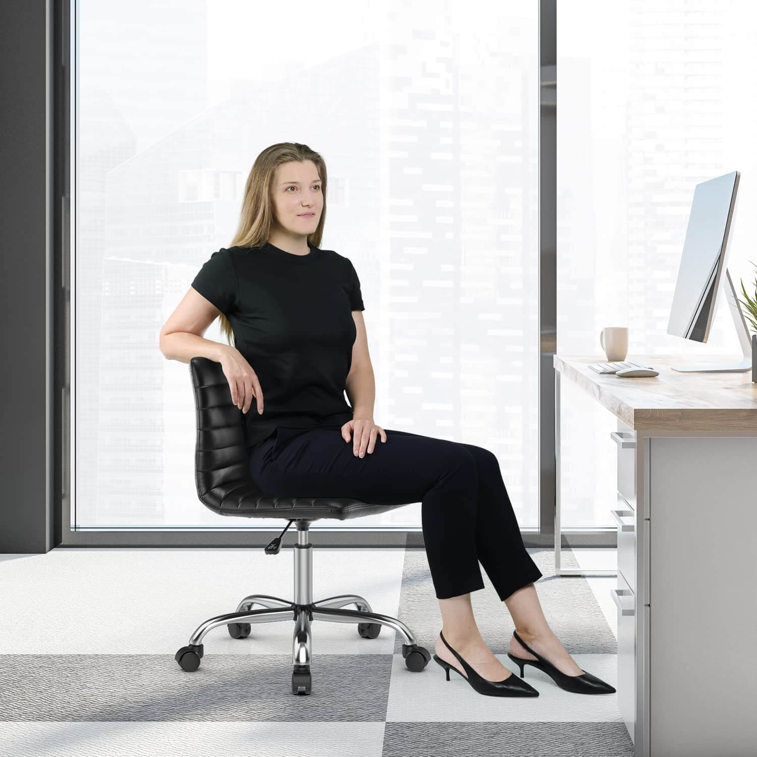 Ergonomic Armless Leather Swivel Office Chair for Home Study Comfort