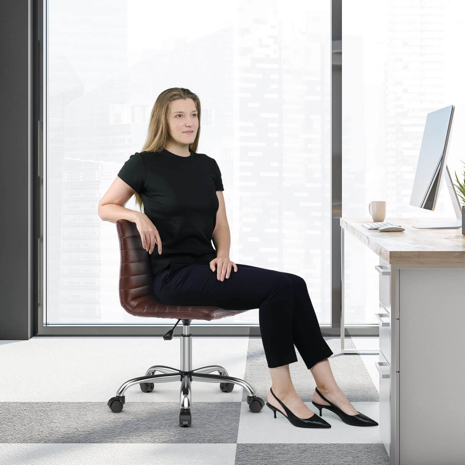 Ergonomic Armless Leather Swivel Office Chair for Home Study Comfort