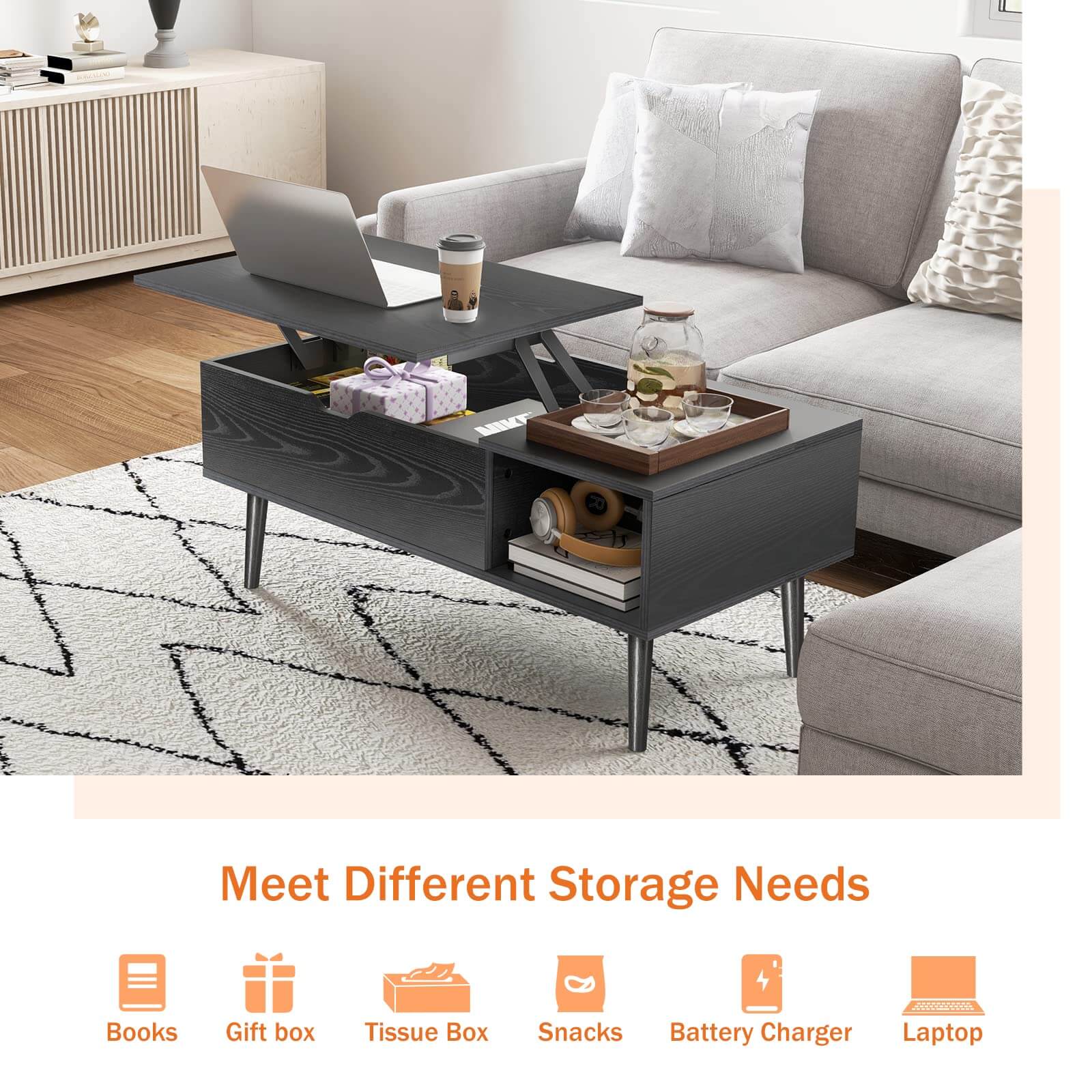 Versatile Lift-Top Coffee Table, Hidden Storage, Adjustable Height, Modern Living Room