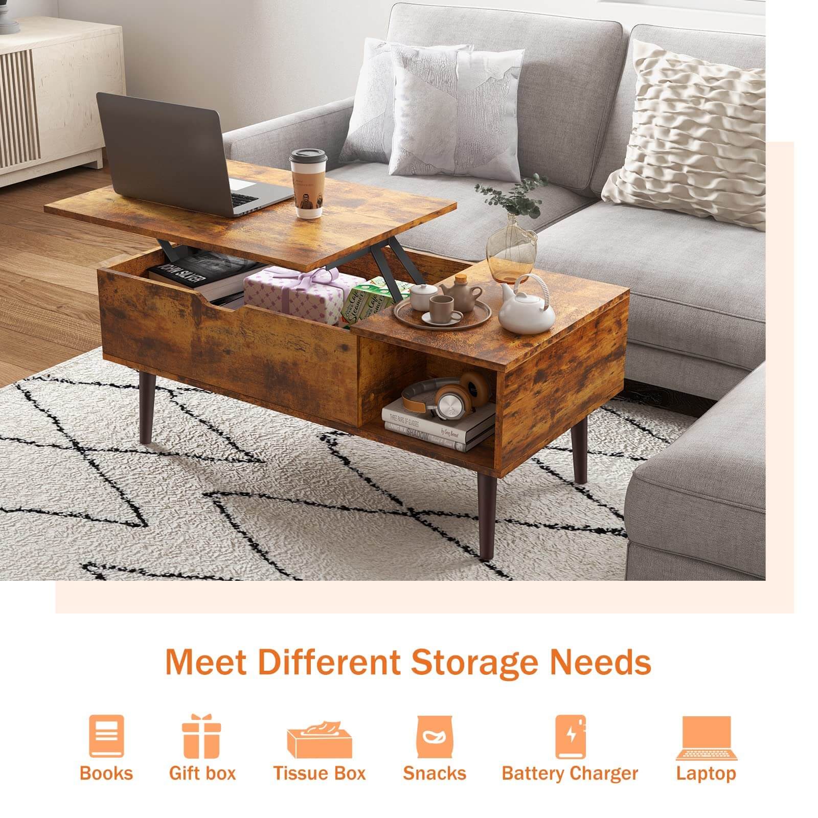 Versatile Lift-Top Coffee Table, Hidden Storage, Adjustable Height, Modern Living Room