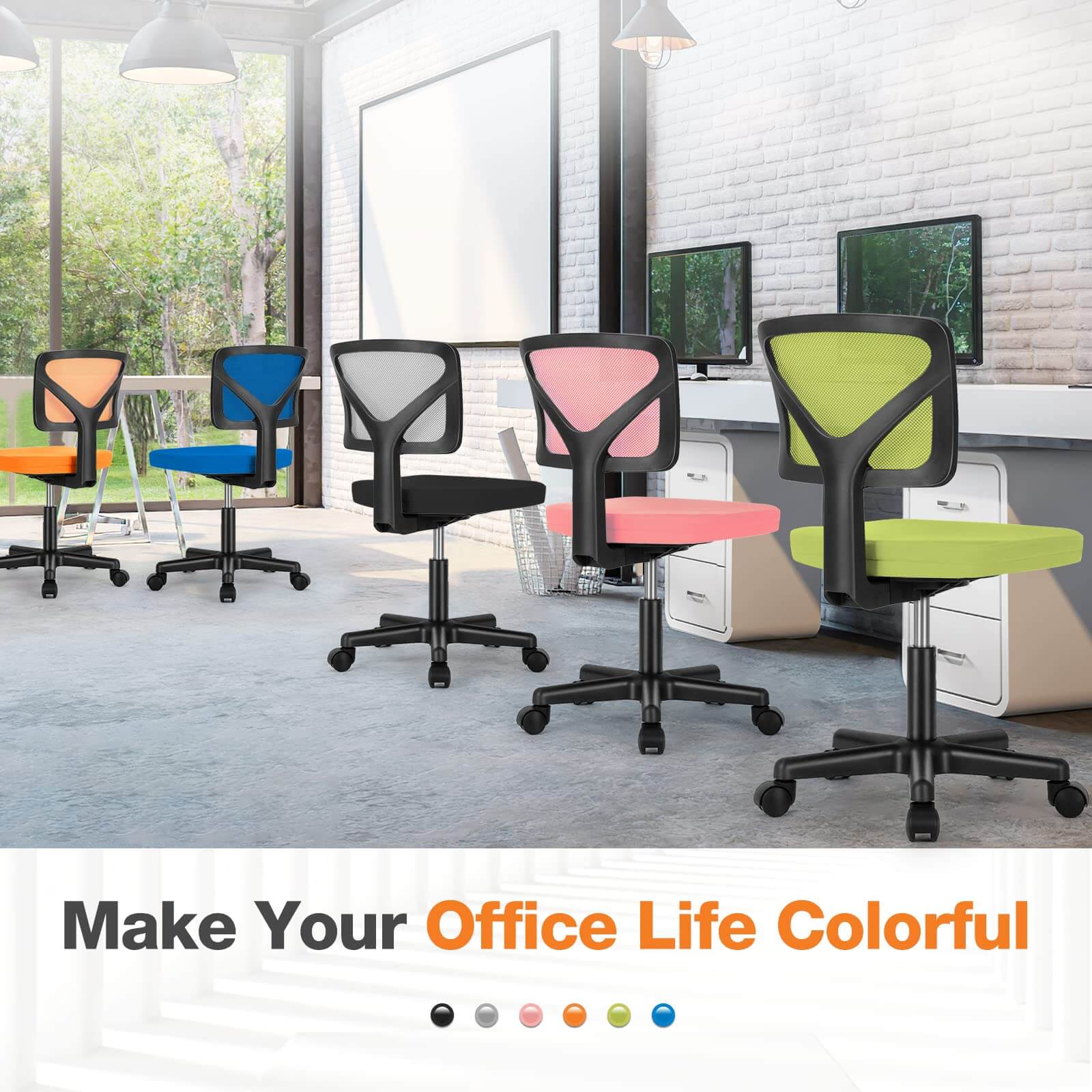 Compact Ergonomic Lumbar Support Office Chair Armless Design Adjustable Height Swivel