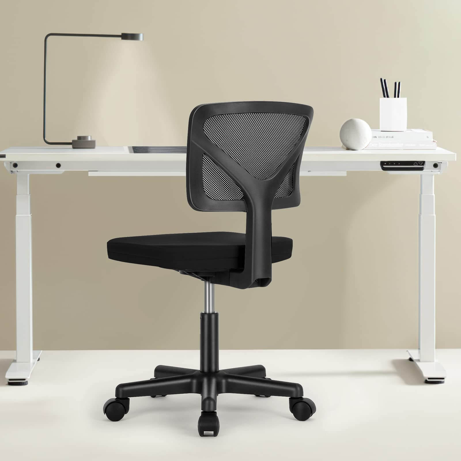 Compact Ergonomic Lumbar Support Office Chair Armless Design Adjustable Height Swivel