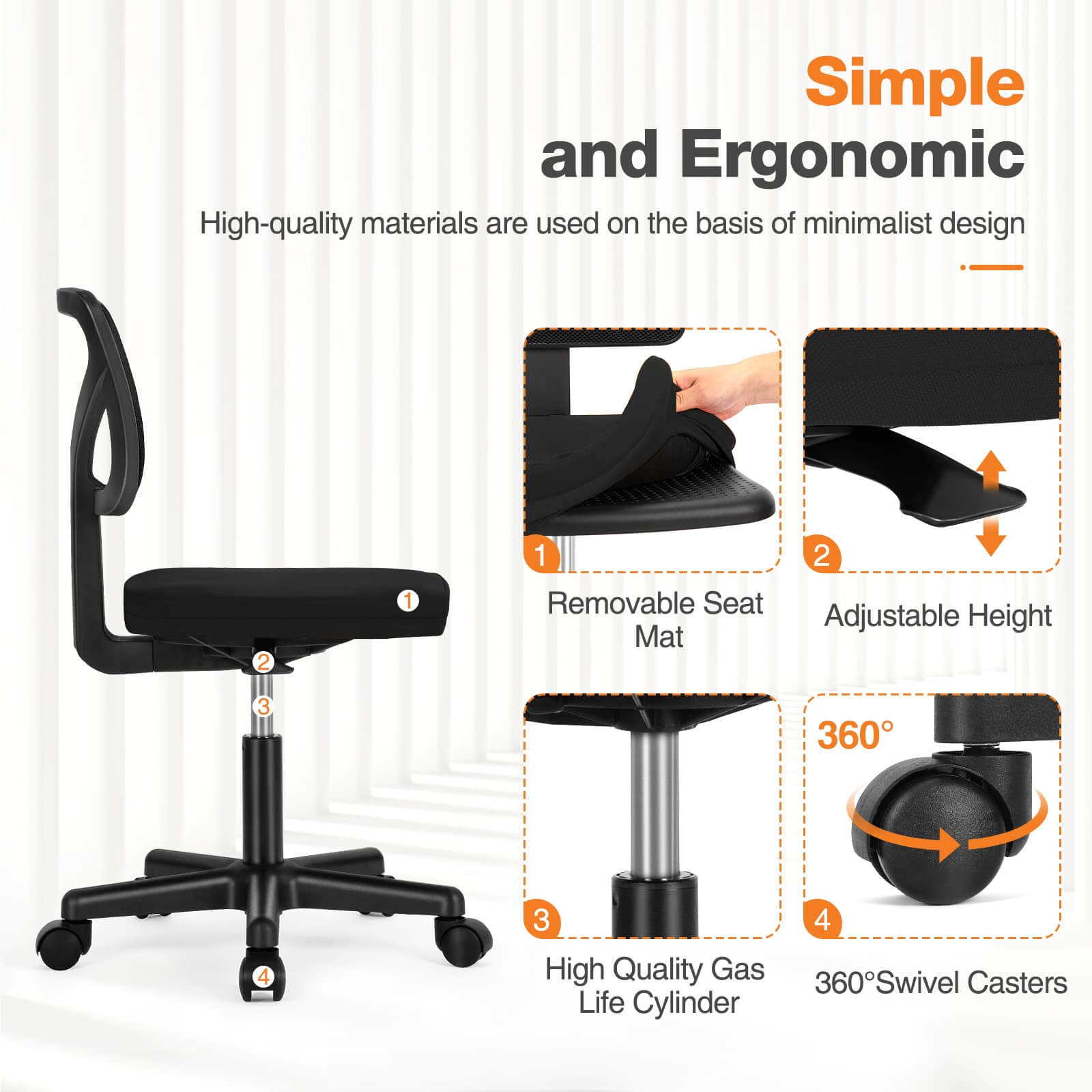 Compact Ergonomic Lumbar Support Office Chair Armless Design Adjustable Height Swivel
