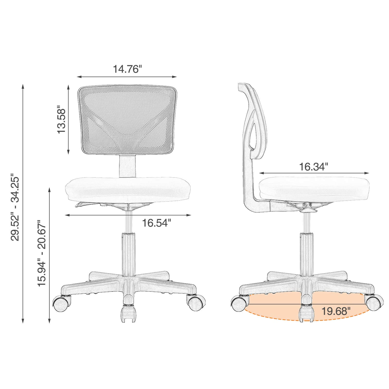 Compact Ergonomic Lumbar Support Office Chair Armless Design Adjustable Height Swivel