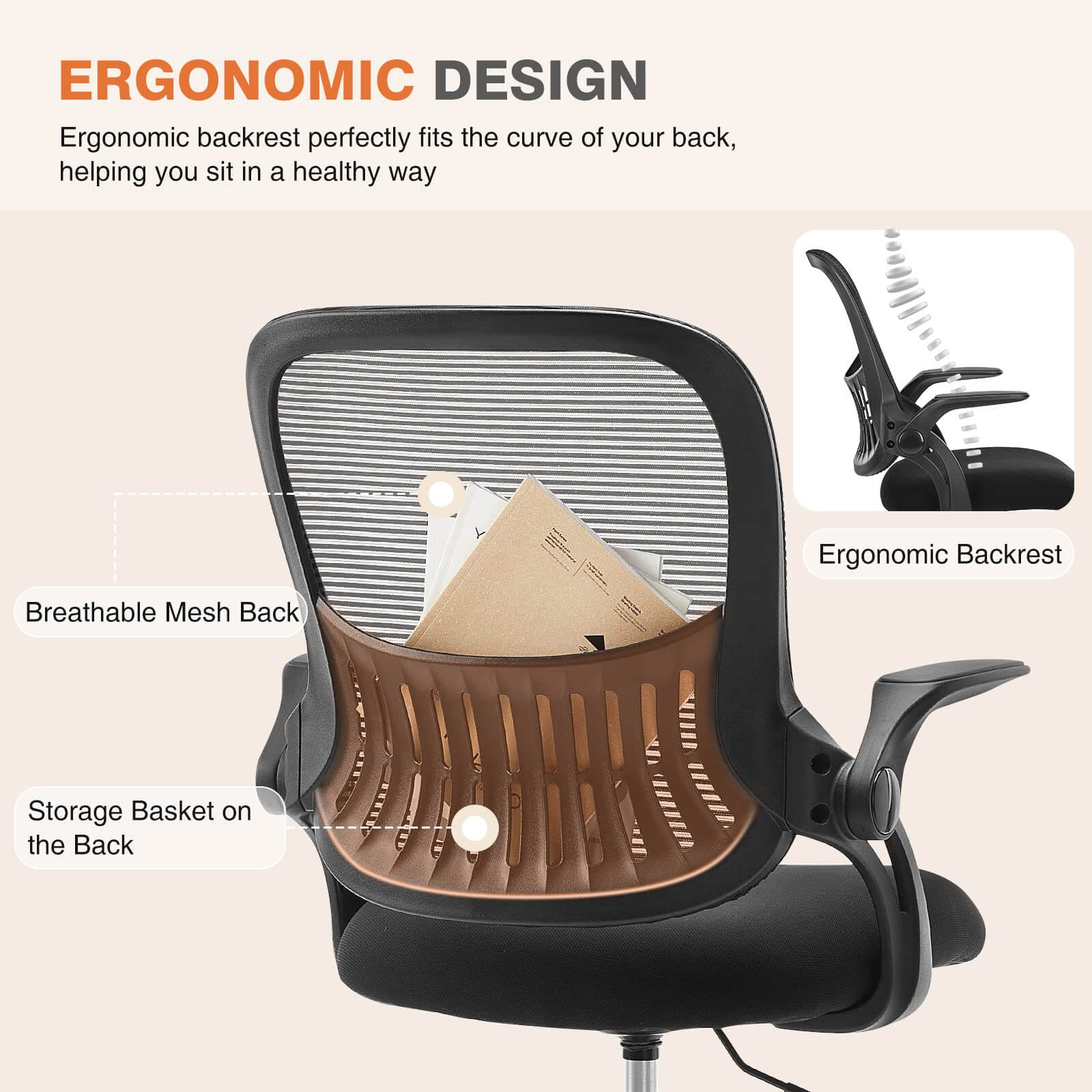 Ergonomic Mesh Office Chair with Flip-up Armrests and Lumbar Support