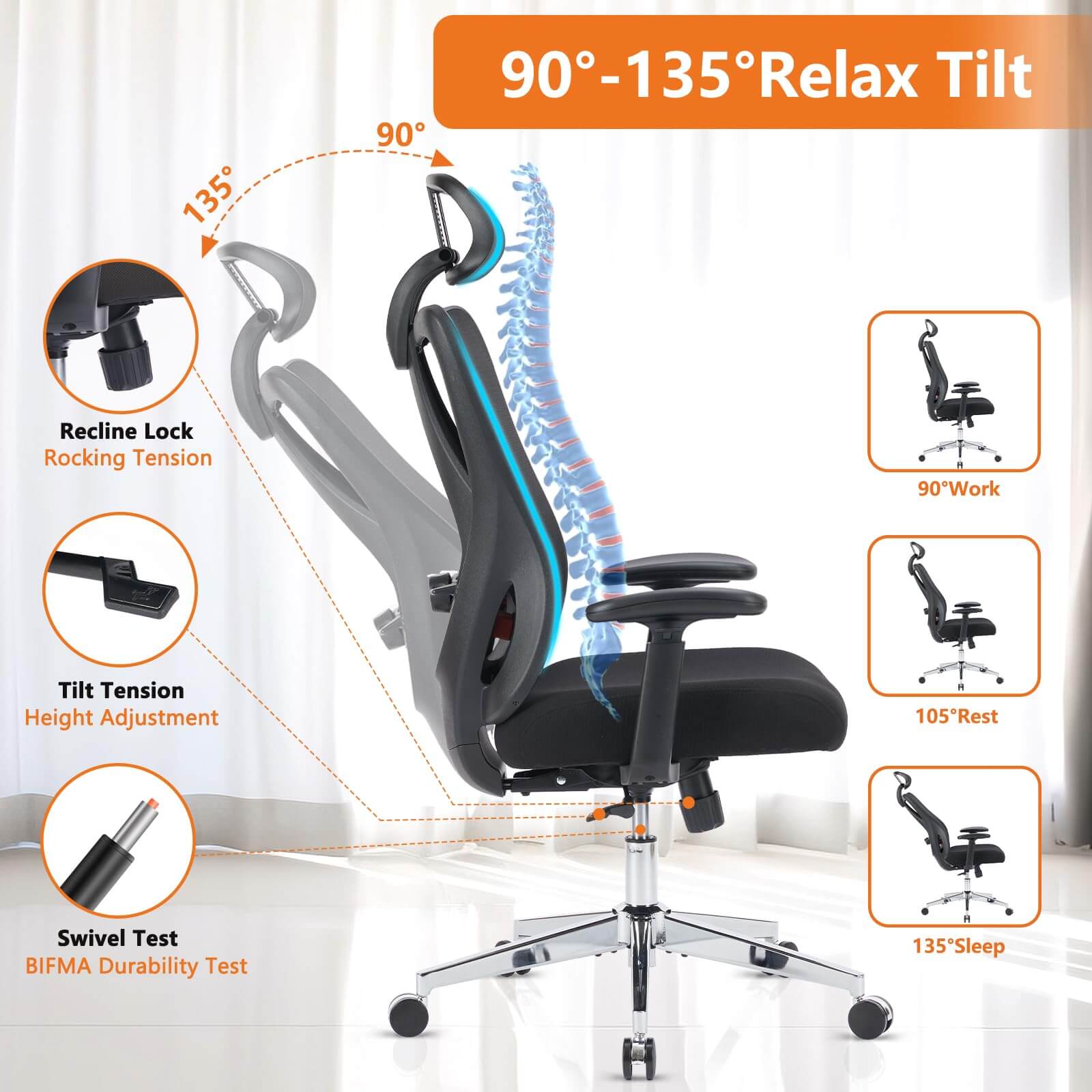 Ergonomic Office Chair with 135° Recline, Adjustable Lumbar Support, Breathable Mesh