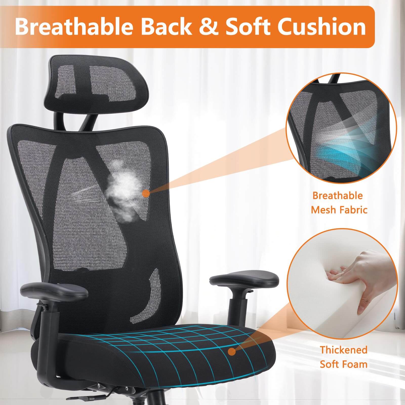 Ergonomic Office Chair with 135° Recline, Adjustable Lumbar Support, Breathable Mesh