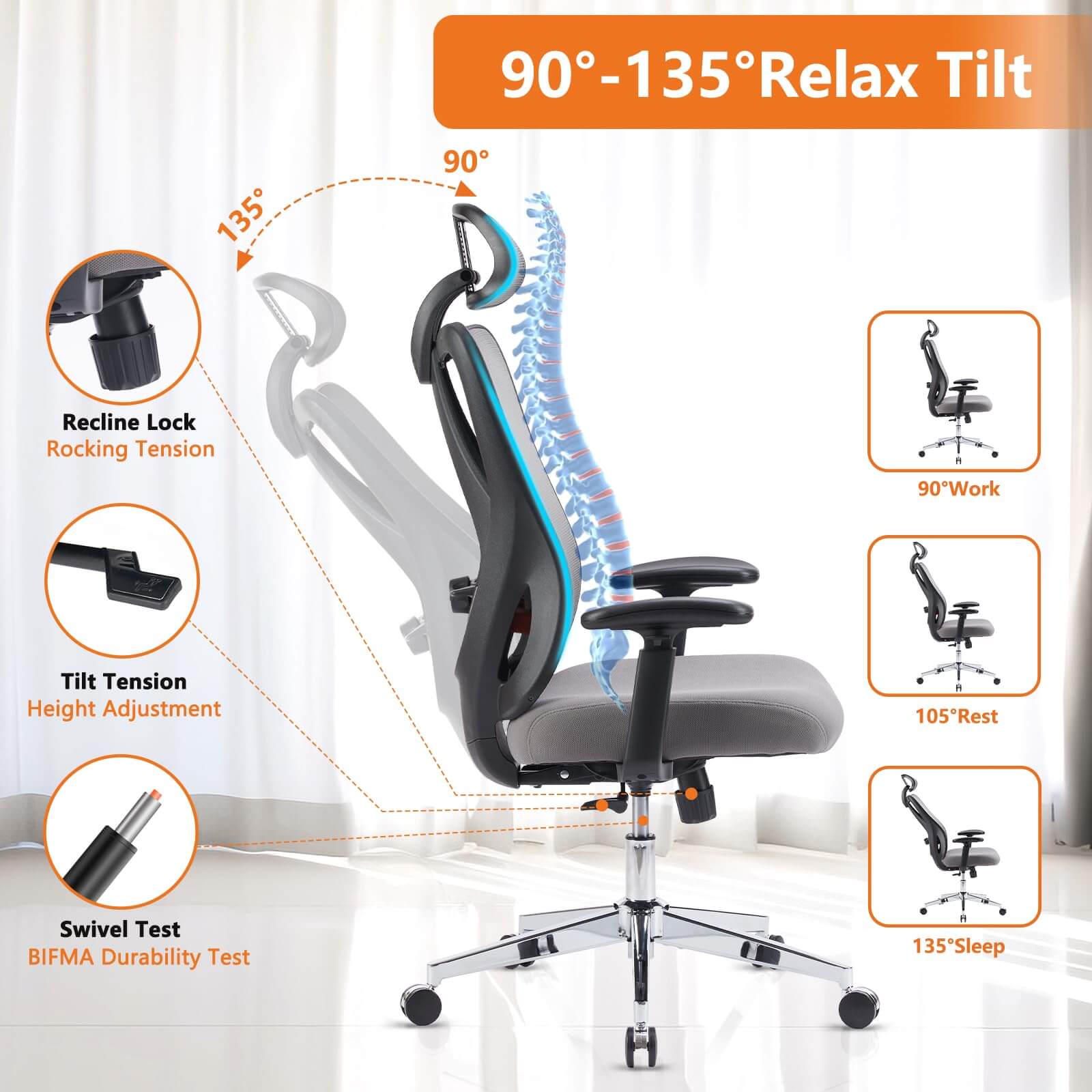 Ergonomic Office Chair with 135° Recline, Adjustable Lumbar Support, Breathable Mesh