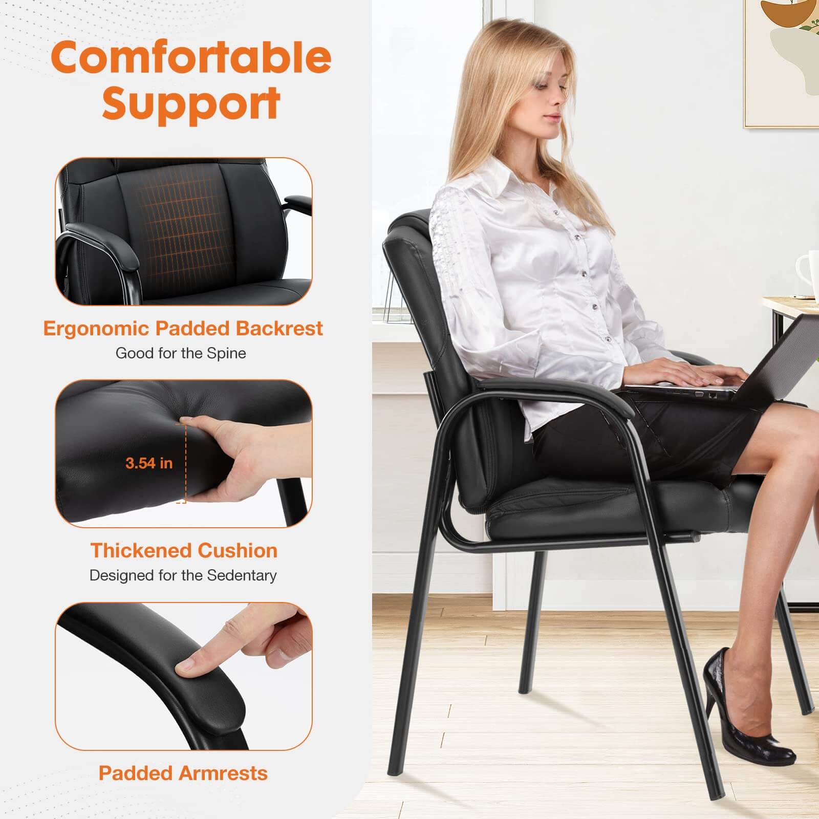 Padded PU Leather Conference Guest Chair with Armrests for Office Meeting Rooms