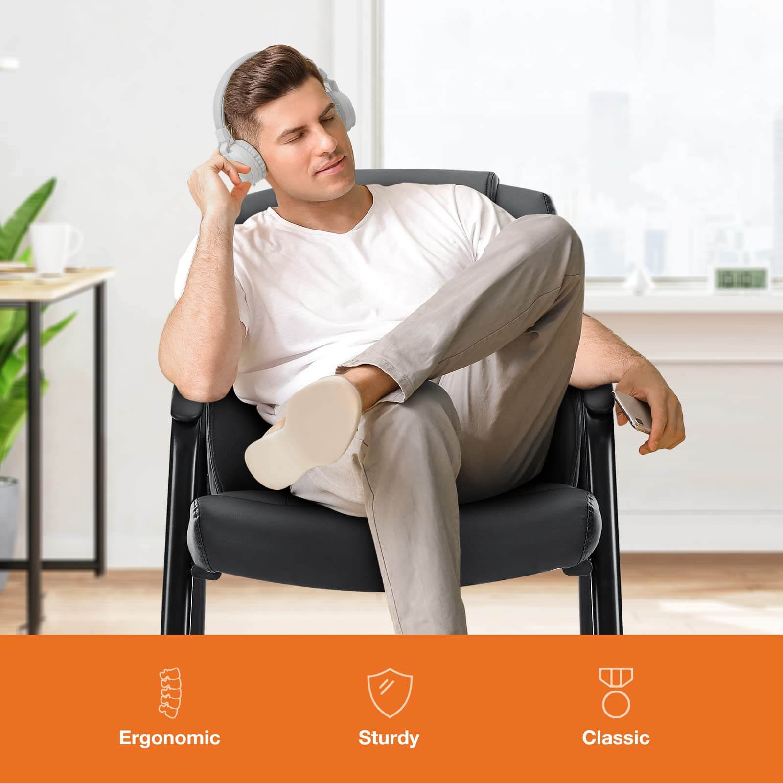 Padded PU Leather Conference Guest Chair with Armrests for Office Meeting Rooms