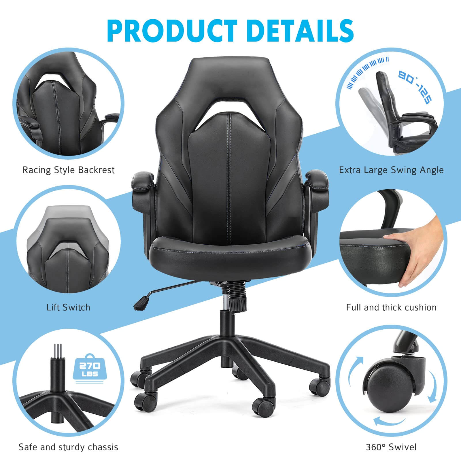 Premium PU Leather Ergonomic Gaming Office Chair with Adjustable Lumbar Support
