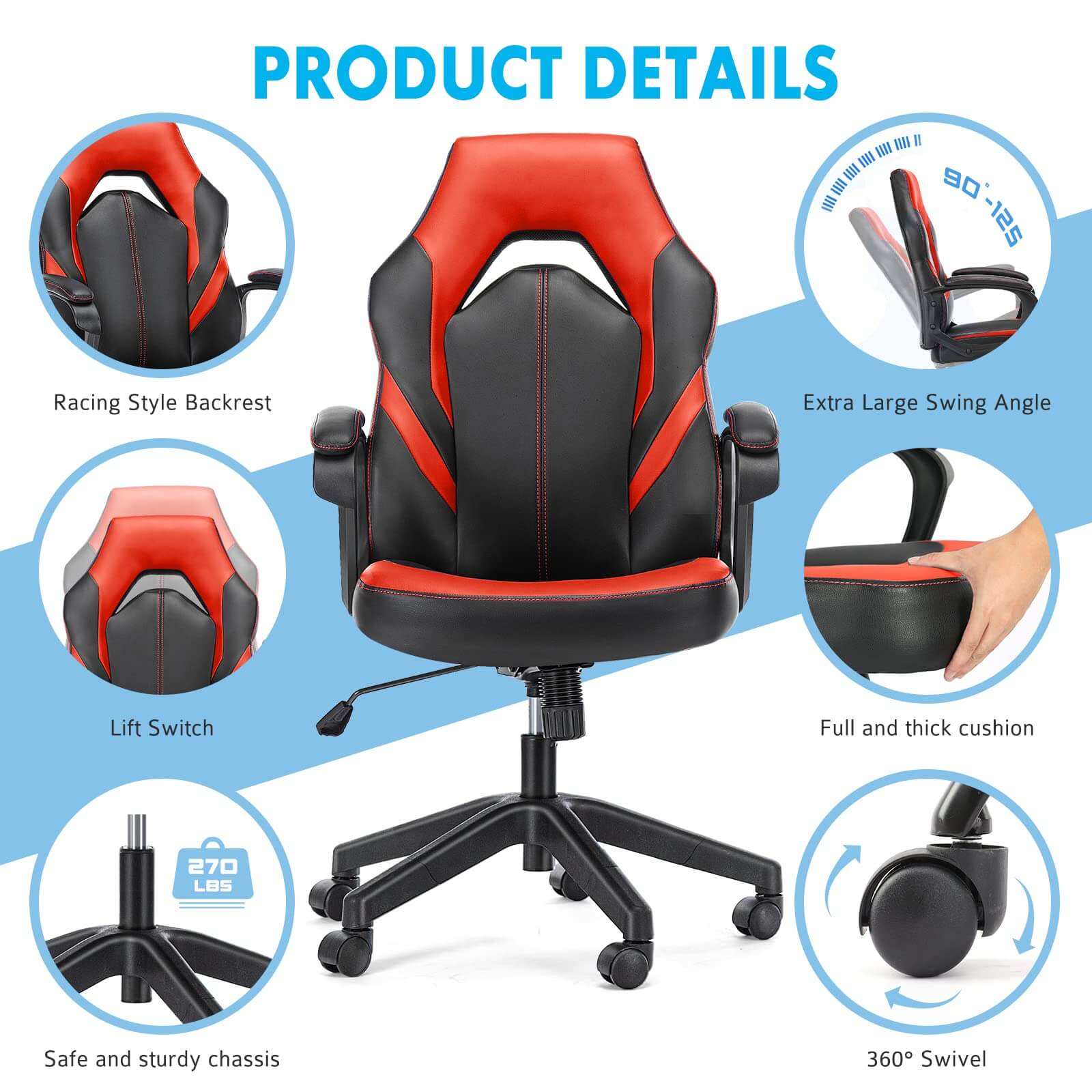 Premium PU Leather Ergonomic Gaming Office Chair with Adjustable Lumbar Support