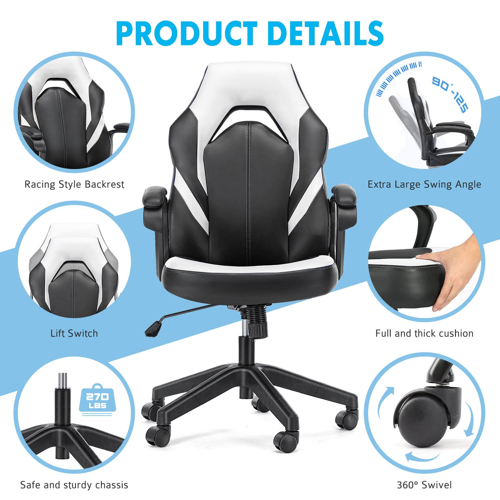 Premium PU Leather Ergonomic Gaming Office Chair with Adjustable Lumbar Support