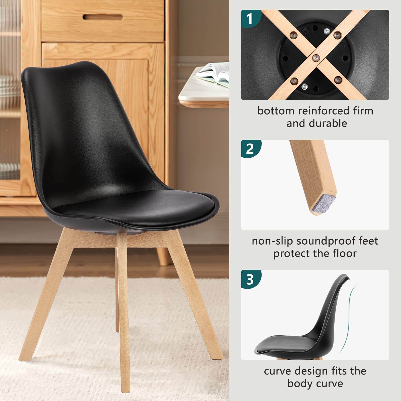 Modern Upholstered PU Leather Dining Chairs, Solid Beech Wood Legs, Comfortable Seating