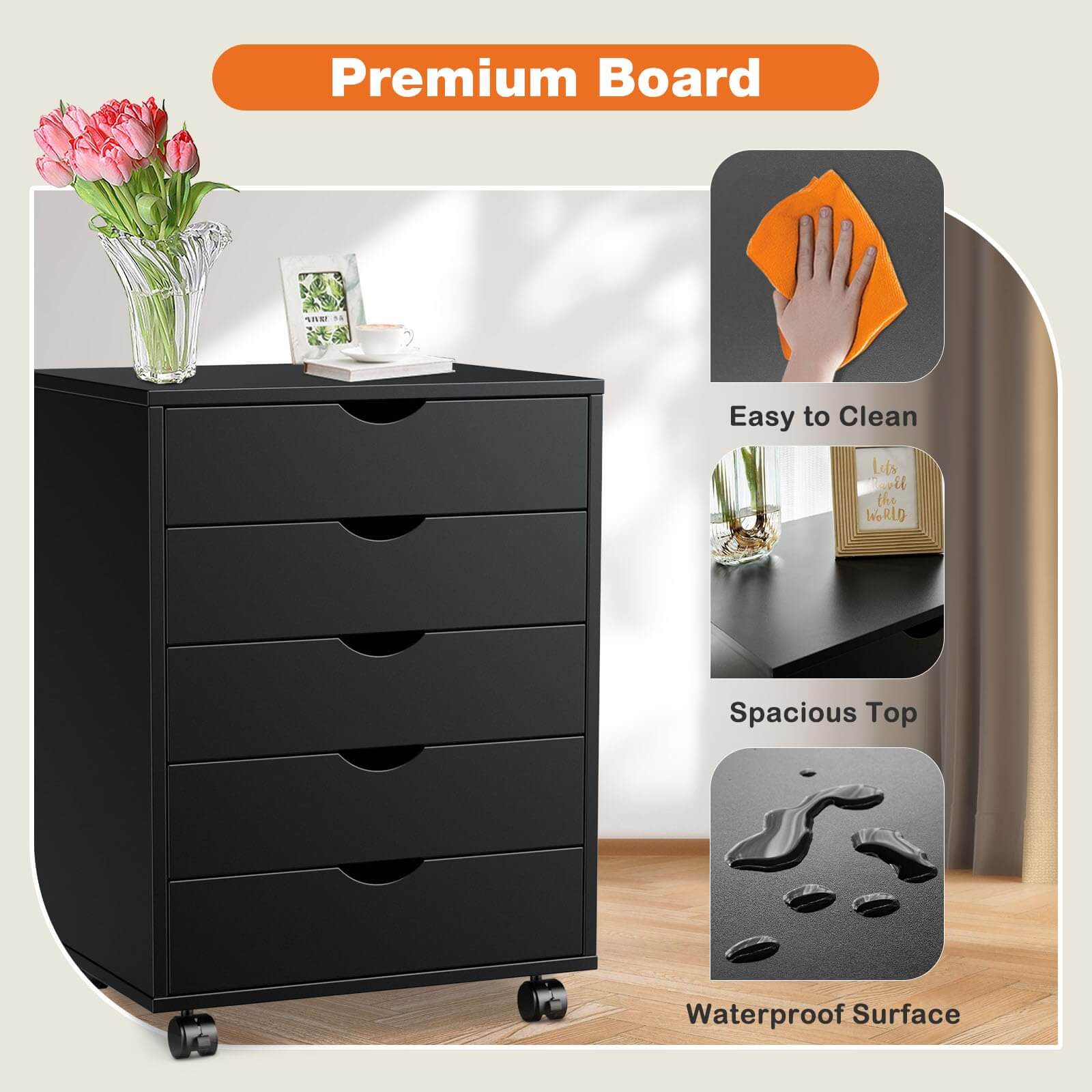 Versatile Mobile Storage Dresser Cabinet with Durable Drawers and Wheels